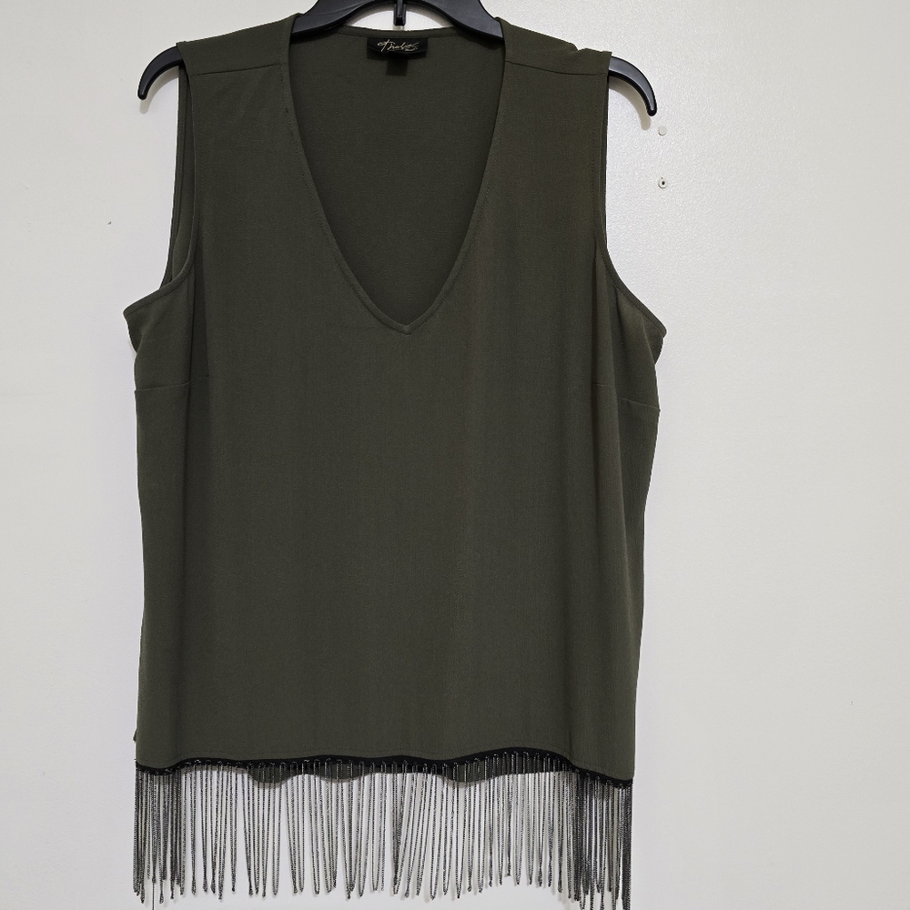 THALIA SODI size‎ Large V Neck Metal Fringe Tank Swing Party Olive Green